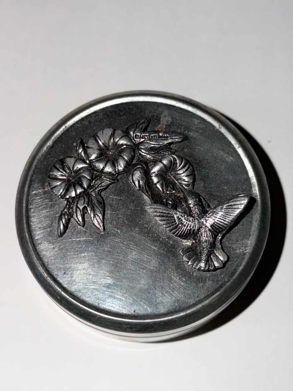 Vintage Pewter Hummingbird Tin - Collectible Metalware - Round, Metzke 3”